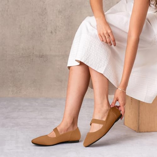 Image of TINGRISE Women's Flats Shoes Pointed Toe Knit Washable Ballet Comfortable Dressy Mary Jane Flat