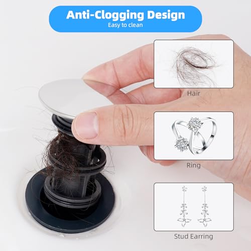 Hibbent 2 Pack Universal Bathroom Sink Drain Stopper, Pop Up Drain Strainer with Overflow, Push and Seal Sink Plug with Basket for Lavatory Vanity Vessel, Anti-Clogging Strainer, Chrome - image 3