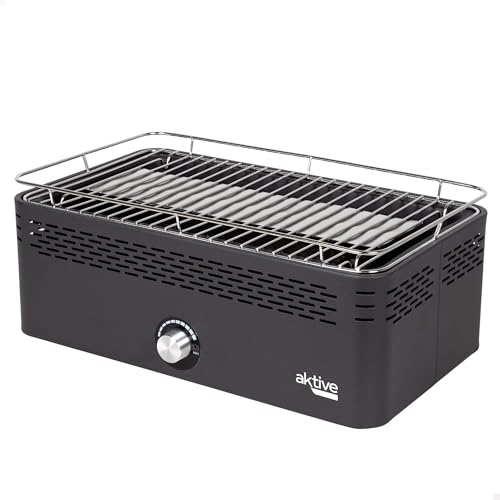Aktive 63004 - Barbecue a carbone portatile, rettangolare nero, senza fumo, ricaricabile a batteria, protezione antigoccia, dimensioni 45x28x19 cm