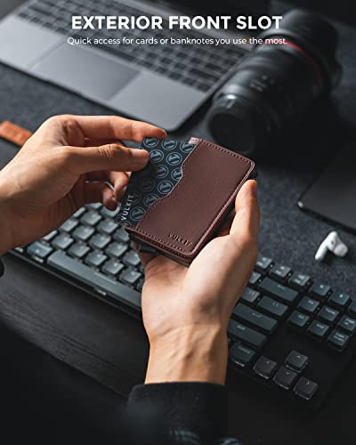 Image of VULKIT Pop up Wallet Credit Card Holder with Leather Slots RFID Blocking Metlal Bank Card Case for Men or Women(Dark Brown)