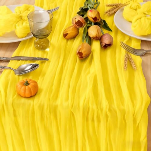 Image of MLMC 3 Pack Yellow Table Runner 10ft Summer Sheer Gauze Cheesecloth Table Runner Cheese Cloth Centerpiece Decororations 35x120 Inches for Wedding Bridal Baby Shower Birthday Party Decor