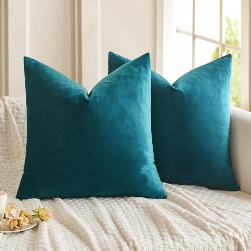 MIULEE Velvet Throw Pillow Covers 18x18 Inch, Pack of 2 - Teal, Super Soft Decorative Square Cushion Cases Modern Luxury Home Decor for Sofa, Couch, Bed, Chair