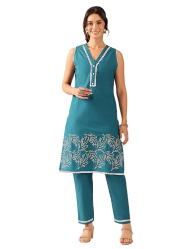 Image of Vbuyz Women's Printed & Hand Work Straight Cotton Blend Parrot Green Kurta,Pant with Dupatta | Kurta Set with Dupatta for Women | Suit Set | Ethnic Set | Printed Kurta Set | Salwar Set for Women