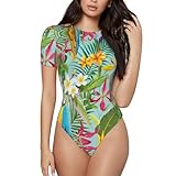 ASFgda Damen-Bodys mit tropischen Pflanzen und Papageien, kurzärmelig, Rundhalsausschnitt, dehnbar, schmale Passform, Basic-T-Shirts, Sommer-Einteiler-Outfits, Schwarz , S