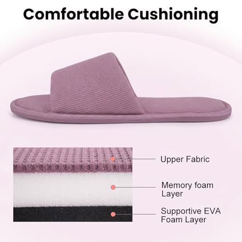 Image of Women's Open Toe House Slippers - Breathable Waffle Fabric, Memory Foam Cushioning, Slip-On Summer Indoor Slippers, Non-Slip TPR Sole, Easy Care
