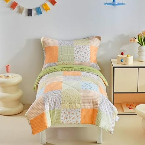 DuShow Toddler Bedding Set,4 Piece Crib Bedding Set for Boys and Girls,Orange Floral Grid Patchwork Comforter Set, Includes 1 Toddler Comforter,1 Fitted Sheet,1 Flat Sheet,1 Pillowcase Cover
