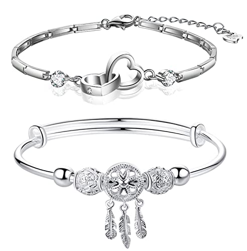 925 Sterling Silver Double Love Heart Crystals Bracelet For Women And Silver Dream Catcher Tassel Feather Bracelet Round Beads Charm Bracelet Transfer Lucky Cuff Adjustable Fashion Women Jewelry Girls Bangle Bracelets For Jewelry Friendship Mother's Day Gift (2Pcs) #TOP15