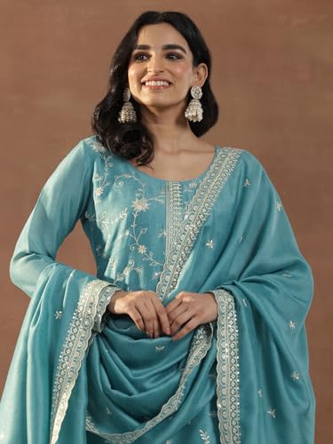Image of Libas Embroidered Silk Blend Straight Kurta With Trouser and Dupatta
