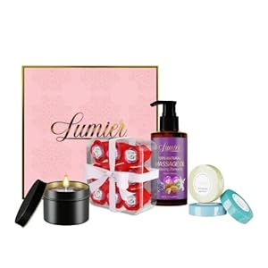 LUMIER Romantic Gift Basket – Relaxing Gift Box for Couples – Getaway Kit with Soap Roses, Massage Oil, Shower Steamer…