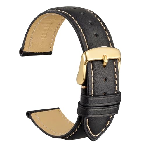 WOCCI 18mm Vintage Leather Watch Band for Men and Women, Gold Buckle (Black/Beige Seam)
