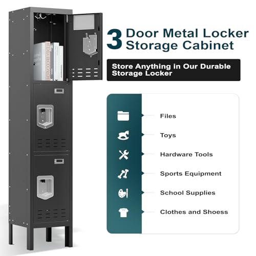 SAPITAL Metal Locker with 3 Doors Employees Locker, Metal Storage Locker with Hooks, 66\" Storage Cabinet Lockers for Employees, Home, Office, Gym Requires Assembly (Black)