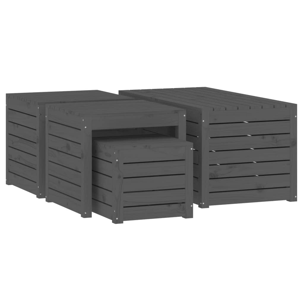4-tlg. Gartenbox-Set Grau aus Massivholz Kiefer mit Deckel für Stauraum und Sitzgelegenheit, robuste Aufbewahrungstruhen für Terrasse und Außenbereich, wetterfeste Gartenmöbel