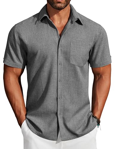 COOFANDY Herren Hemd Kurzarm Bügelfrei Regular Fit Sommerhemd Urlaub Strand Herrenhemden Mit Tasche Leichtes Freizeithemden Dunkelgrau L