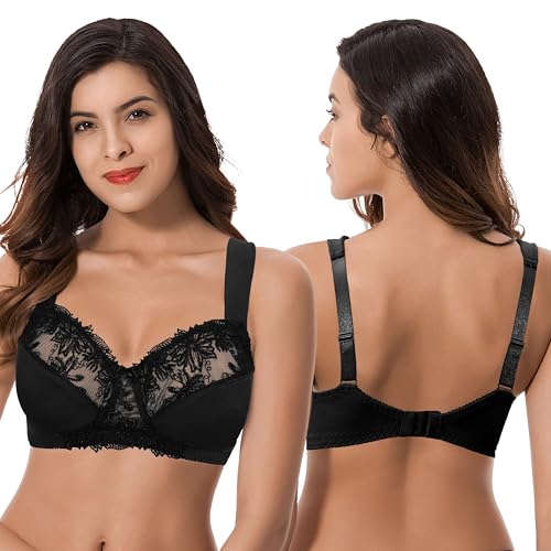 Image of Curve Muse Plus Size Minimizer Unlined Wireless Bra with Lace Embroidery-3Pack