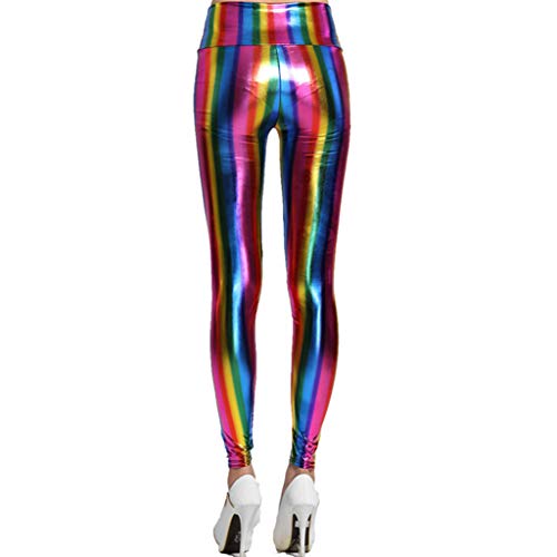 Hologramm Metallic Regenbogen Leggings Glitzer Neon Strumpfhosen Streifen...