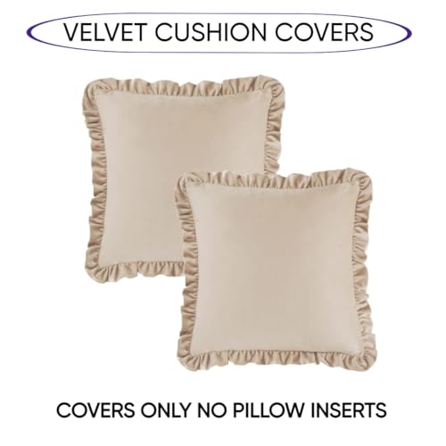 Image of Velvet Beige 24x24 Pillow Covers, Set of 2 Decorative Ruffle Cushoin Pillow Covers for Sofa Couch