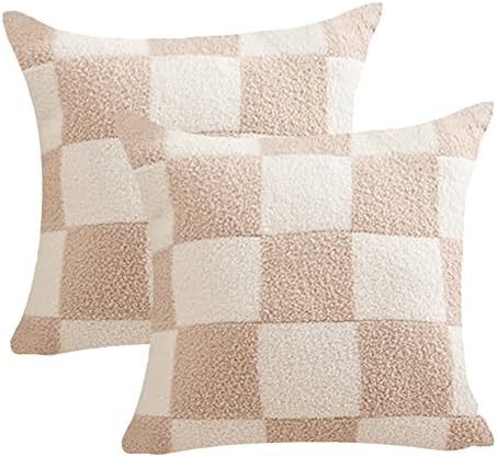 NIDITW Set of 2 Ultra Soft Khaki Checkerboard Throw Pillow Cover Microfiber Chessboard Gingham Cushion Case Cozy Fuzzy Checkered Pillowcase Square Decor for Home Sofa Couch 18x18 Inches (1-Khaki)