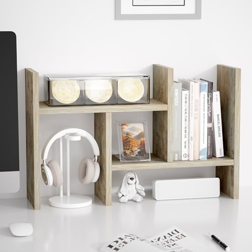Image of Jerry & Maggie Desktop Organizer Office Storage Rack Adjustable Wood Display Shelf Free Style Double H, Multi-Functional Mini Bookshelf for Desk Natural Stand (Gray Oak)