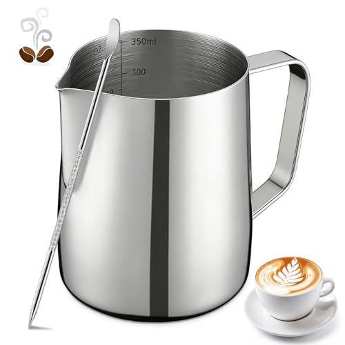 Milk Frothing Pitcher 350ml/12oz Milk Jug for Coffee Machine Stainless Steel Pitcher with Measurement Mark and Decorating Pen for Making Latte Art