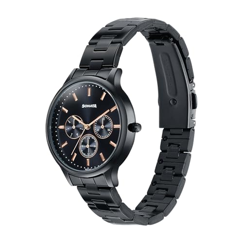 Image of Sonata Axis with Quartz Analog Black Premium Multifunction Design Dial IP Black Strap Watch for Women - 87119NM01
