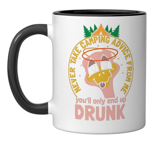 Never Take Camping Advice From Me - Ostrich Camper Camping Ceramic Mug, Black/White
