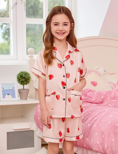 SWOMOG Little & Big Girls Satin Pajamas Set Silk Button Down Pjs Set 2 Pieces Short Sleeve Kids Strawberry Sleepwear 4-15Y3