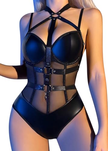 FEOYA Damen-Body mit Ausschnitt, Netzstoff, durchsichtig, einteilig, Dessous, Leder-Trikot für Cosplay, Party, Club, Schwarze Riemen, S