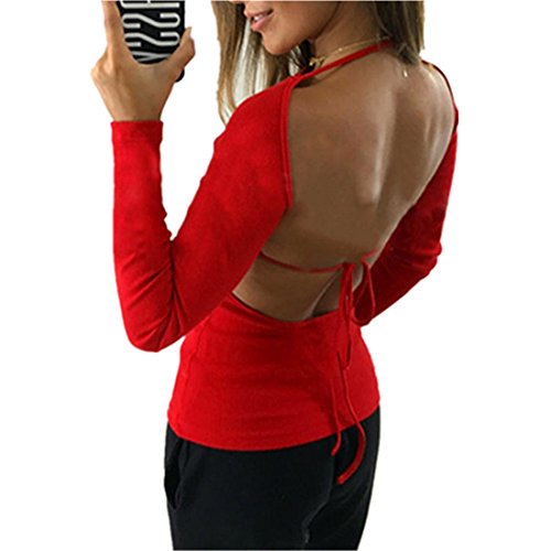 Preisvergleich Produktbild Sweatshirt Damen Kolylong® Frauen Elegant Rückenfreies Oberteil Festliche Blusen Lässige Langarm Shirts Mode Rundhals Pullover Slim Basic Shirt Party Tops Backless T-Shirt Tunika (S, Rot)