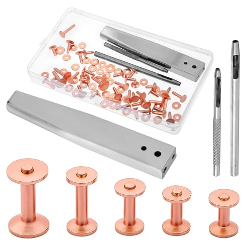 103 PCS Copper Rivets and Burrs Leather Rivets Fastener Install Setting Tool Copper Rivet and Burr Washers for Leather Work Rivet Setter for Belts Wallets Collars Handbags DIY Leathercraft