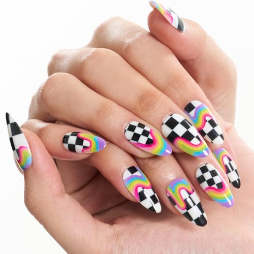 GLAMERMAID Rainbow Press on Nails Medium Almond Y2K Rainbow Crush Gel Glue on Nail with Checkerboard Color Glossy Short Stiletto Reusable Fake Nails Acrylic False Nails Manicure Kit for Women