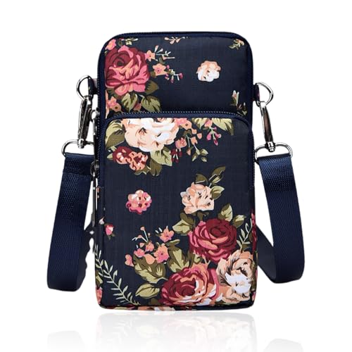 SLAXJNE Bolso para Teléfono Móvil, Bolso para Mujer, Negro, Floral, Multifuncional, Resistente al Agua y Suciedad, Nailon, 17x9 cm