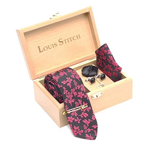 Image of LOUIS STITCH Mens Silk NeckTie Golden Tiepin Gift Combo Set With Pocket Square Cufflinks Brooch Tie Golden Tiepin (Suit Accessories) (Britain)