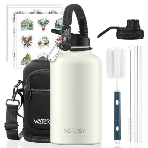 WATERSY Isolierte Edelstahl Trinkflasche 64oz Vakuumisolierte Thermosflasche mit 2 Deckel Auslaufsichere Wasserflasche 1890 ml Doppelwand Flasche Metall Sport für Sport Camping Gym