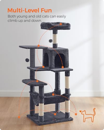 Image of Feandrea Cat Tree, 54.2-Inch Cat Tower, Plush Multi-Level Condo with 4 Scratching Posts, 2 Perches, Hammock, Cave, Smoky Gray UPCT161G01