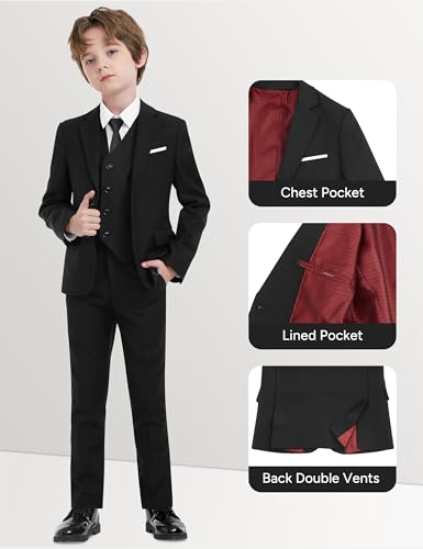 Image of Boys Husky Suit 5 Pieces Kids Black Formal Tuxedo Suit Set for Wedding Ring Bearer, Easter, First Communion, Confirmation, Graduation (Size 12 Husky)