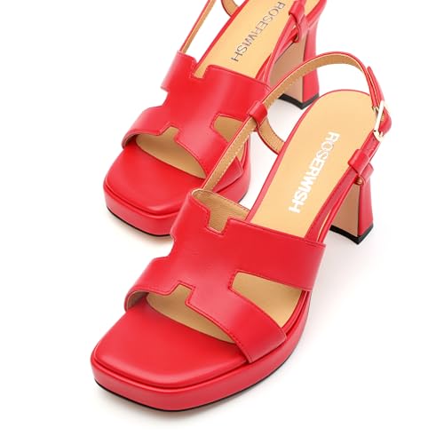 Image of ROSERWISH Womens Platform Heeled Sandals, Open Square Toe Chunky Heels, Strappy Sandals for Women, Leather Insole Dress Shoes for Prom Weeding Bride Party 3.5 inch