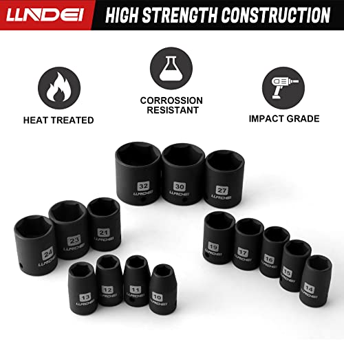 Llndei 1/2-Inch Drive Impact Socket Set Metric With 10-Inch 72-Teeth Quick Release Ratchet Wrench, 16 Pieces, 6 Point Shallow Sockets 10-32Mm, Cr-V Steel, Black Phosphate Finish With Storage Case #TOP4