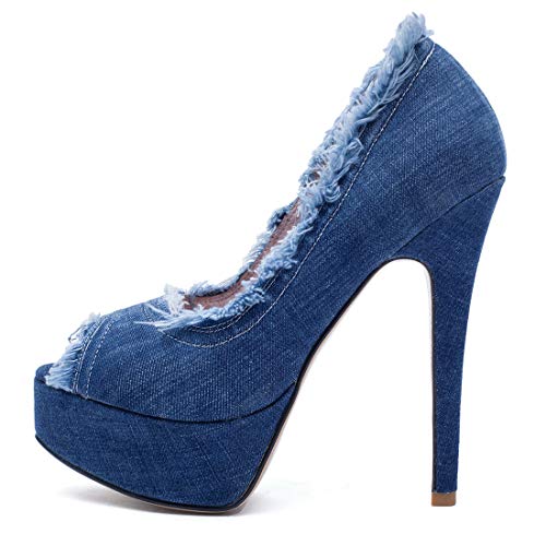 MAVMAX Women's Denim Peep Toe Platform High Heel Stilettos Pumps4