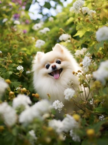 数字油絵 ペイントバイナンバー 40x50cm フレーム付き | 大人向け 子供 初心者 DIY 手作りキット アクリル絵の具とブラシ付き 絵画 手芸 趣味 インテリアに簡単アート、水彩画 数字塗り絵、花の中のポメラニアン