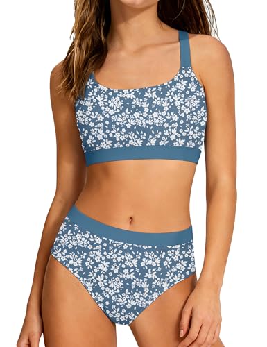 Image of Girls Swimsuits 3 Piece Bathing Suit Allover Printed Criss Cross Bikini Set with Cover Up Skirt Beach Swimwear 7-16 Years