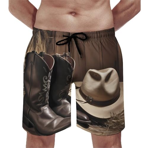Cowboy Hat Western Boots Mens Swim Trunks Quick Dry Hawaii Bathing Suit Board Shorts with Mesh Lining-