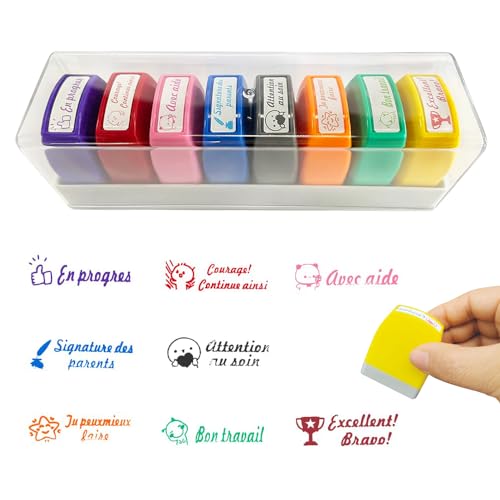 KBIBCK Lot de 8 Tampon Encreur Enseignant Français, Tampon Encreur pour Enfant, Tampons Auto...