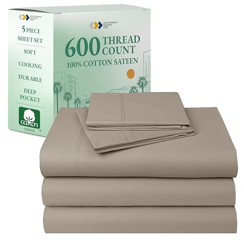California Design Den Split King Sheet Set - 100% Cotton, 600 Thread Count, Breathable Luxury King Size Sheets for Adjustable Bed, Luxury Hotel-Quality Sheets with Soft Sateen Weave (Cool Taupe)