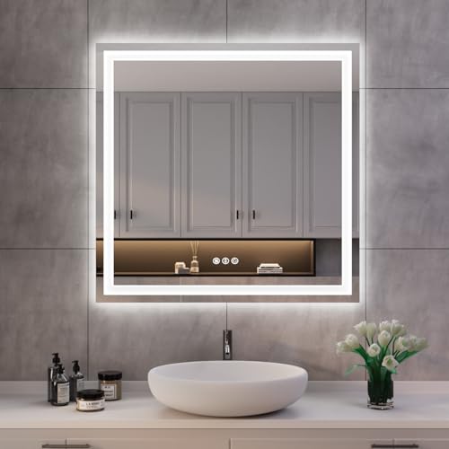 ISKM 32''L x 32''W LED Mirror for Bathroom Lighted Vanity Mirror for Wall Front Lights + Backlit LED Bathroom Mirror Anti-Fog Tempered Glass ETL Listed