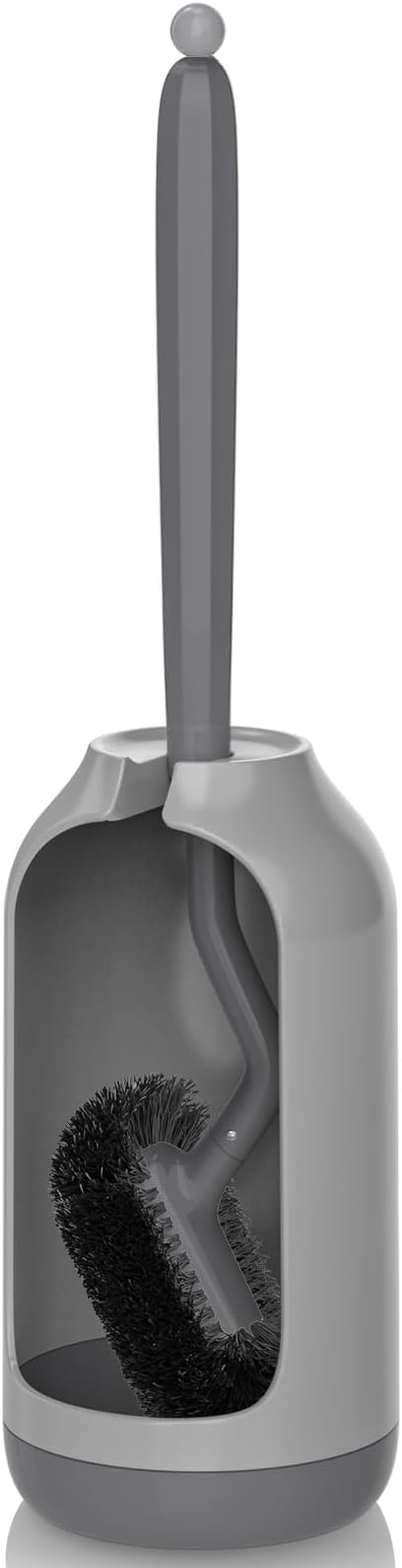HAMITOR Toilet Bowl Brush Holder Set: Bathroom Deep Cleaning Toilet Cleaner Scrubber Under Rim with Curved Bristle for Dead Corner Clean - Hidden Rv Toilet Decorative Accessories with Caddy- Gray