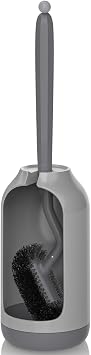 HAMITOR Toilet Bowl Brush Holder Set Bathroom Deep Cleaning Toilet Cleaner Scrubber Under Rim with Curved Bristle for Dead Corner Clean - Hidden Rv Toilet Decorative Accessories with Caddy- Gray