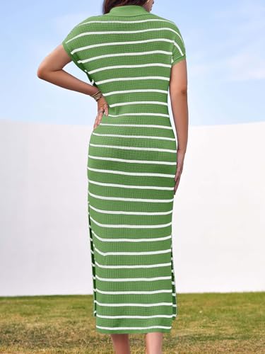 Saodimallsu Womens Striped Summer Dresses Short Sleeve V Neck Knit Collared Sexy Slit Loose Maxi Sweater Dress4