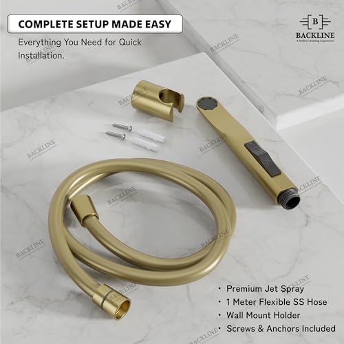 Image of Backline Water Saving Jet Spray for Toilet | Health Faucet for Toilets | ABS Hand Gun with Hose Pipe 1.2 Meter and Wall Hook /Holder | Bathroom Bidet Spray (Brushed Gold - Full Set (Gun + Hose + Hook))