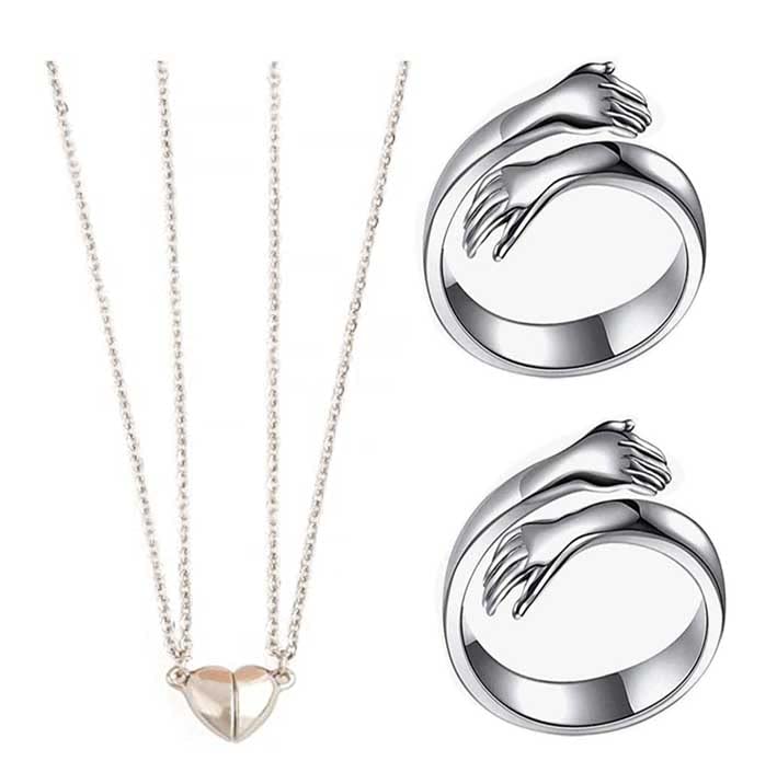 Astronaut Locket & Adjustable Two Silver Hug Rings for Couples Women Girlfriend 2pcs (Silver)-image-19