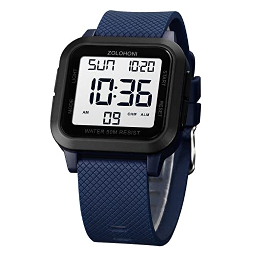 zolohoni Square Men's Digital Watch Big Numbers Dial Large Face Waterproof LED Watches with Alarm Date Stopwatch, White & Blue, Modern